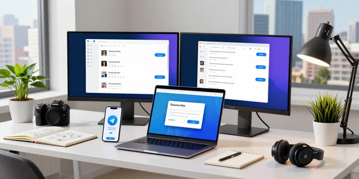 Interactive workspace with Telegram Web Version on a laptop, dual monitors showcasing chats, and an urban skyline view.