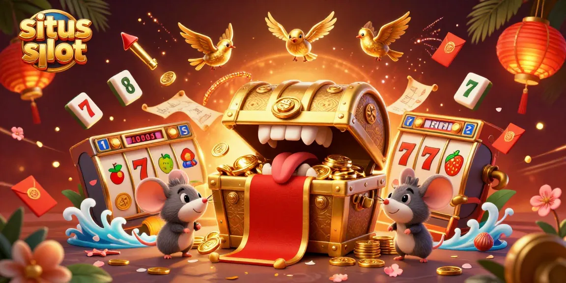 Menangkan situs slot dengan peti harta karun menggiurkan dan simbol keberuntungan berwarna emas.