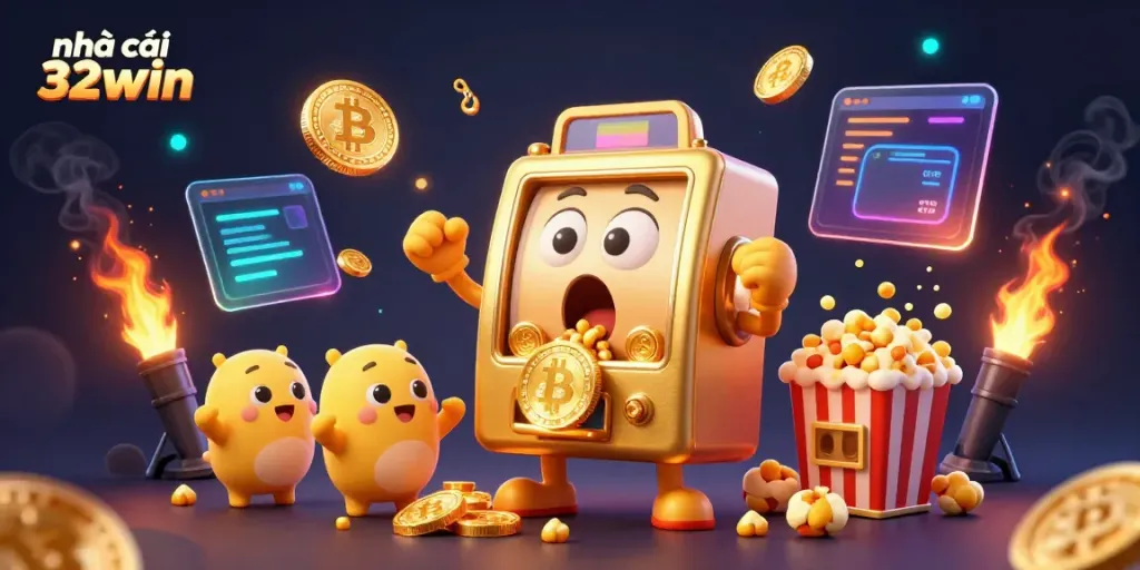 Jackpot celebration at nhà cái 32win highlighting vibrant slot machines and cryptocurrency elements.