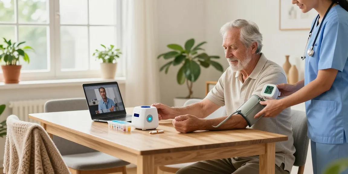Senior man using home medical equipment with nurse assistance in a cozy home setting.