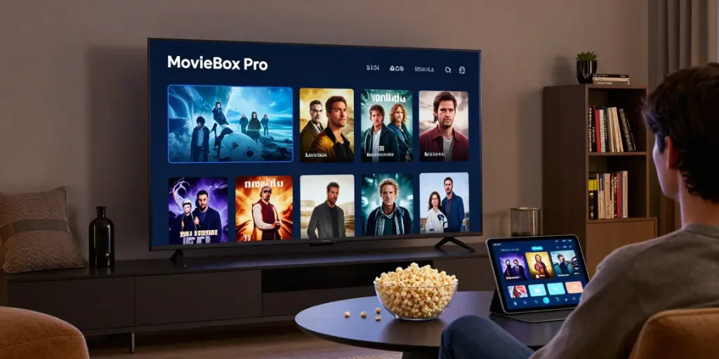 Enjoying movies through the moviebox pro app in a cozy home setting.