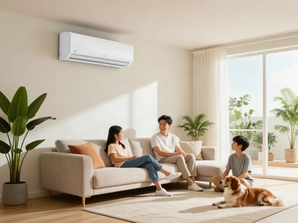 Ductless AC system providing efficient cooling in a modern home with a family relaxing in comfort.