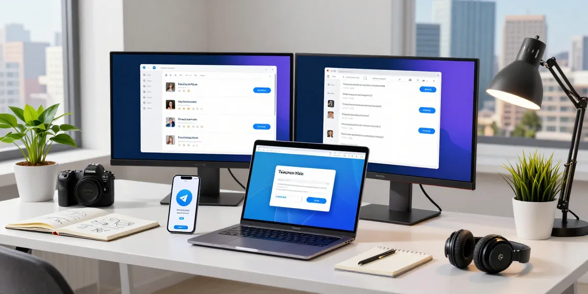 Interactive workspace with Telegram Web Version on a laptop, dual monitors showcasing chats, and an urban skyline view.