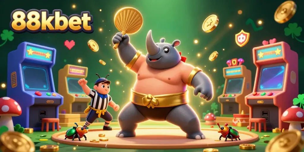 Experience the exciting world of 88kbet with a powerful rhinoceros beetle champion celebrating a casino win.